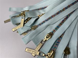 Delbar lynlås - 2-vejs, lyseblå med multi color metaltænder, 42 cm